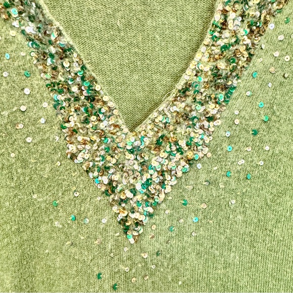 Glam Souls Green Cashmere Wool Blend Sequin V-Neck Sweater Y2K Embellished Top - Picture 7 of 9